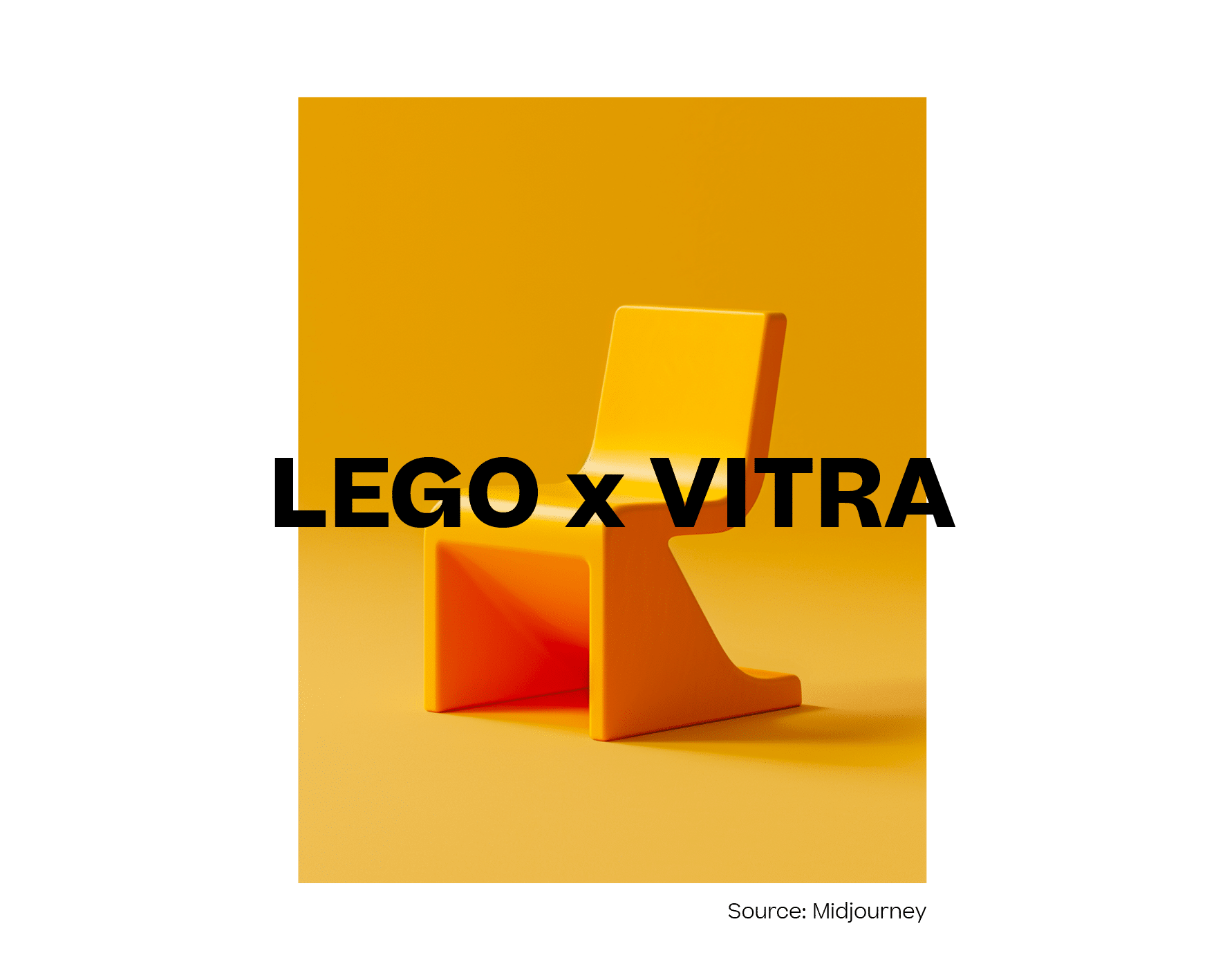 KI-generiertes Konzeptbild einer fiktiven Kollaboration „Lego x Vitra“: oranger Stuhl im Baustein-Look