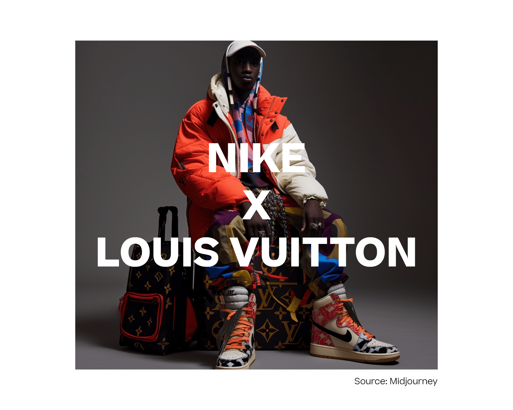 KI-generiertes Konzeptbild einer fiktiven Kollaboration „Nike x Louis Vuitton“: Person mit Monogramm-Gepäck