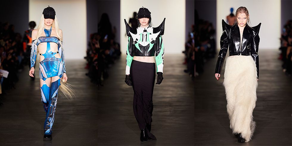 Dreiteilige Laufstegcollage mit futuristischen Looks in Metallic-Blau, Grün-Schwarz und Glanzleder mit Fellrock