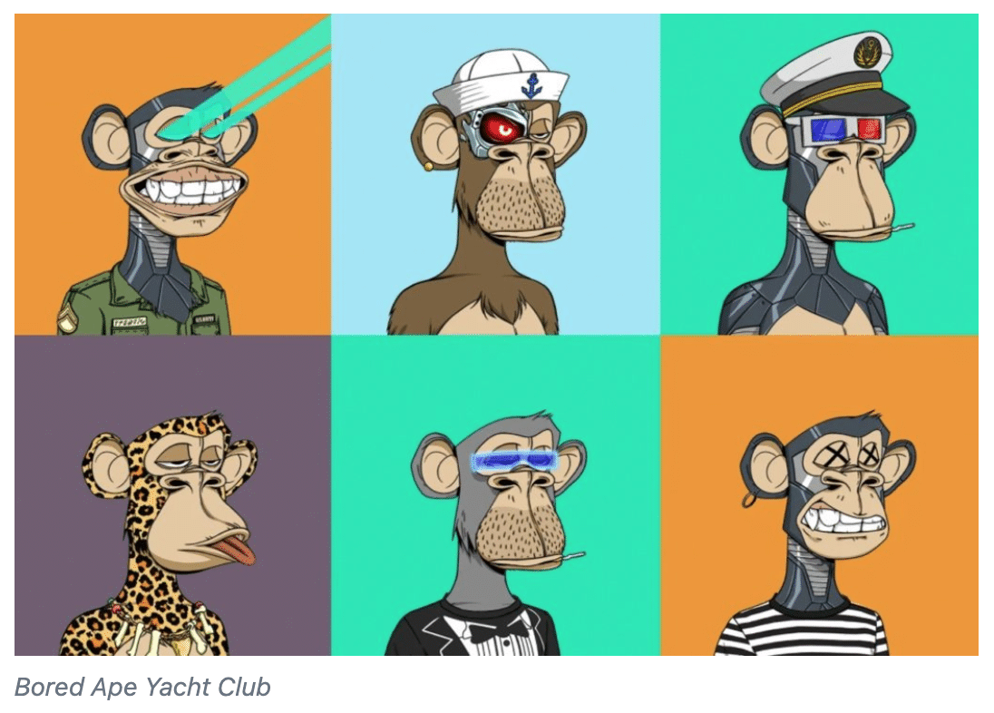 Screenshot of six colorful NFT ape avatars from the Bored Ape Yacht Club collection