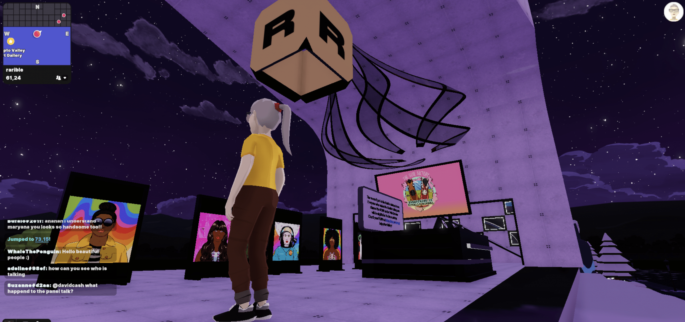 Avatar viewing NFT artworks displayed on screens in a virtual gallery in the metaverse