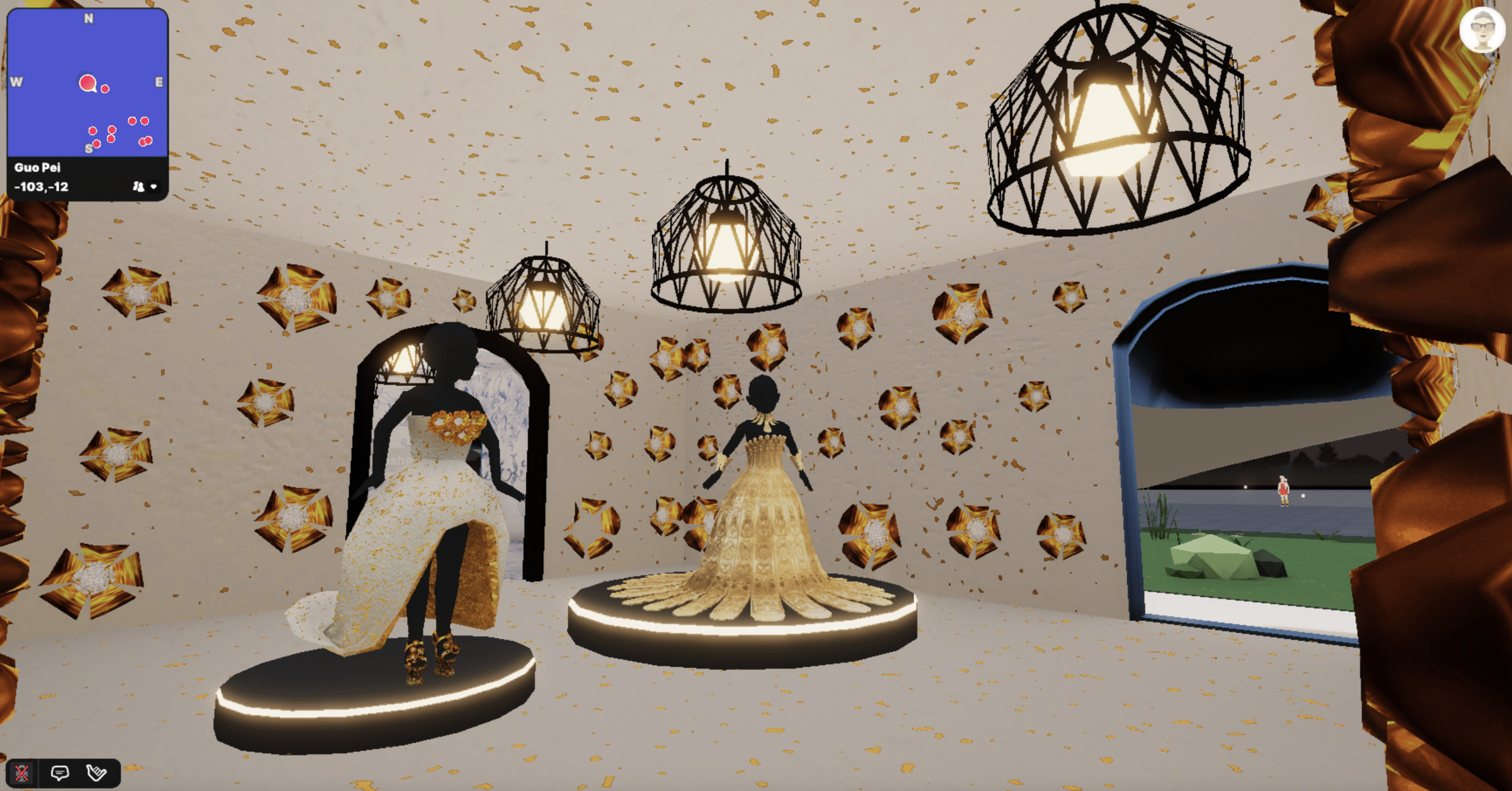Two virtual mannequins in gold and white gowns displayed inside a metaverse boutique