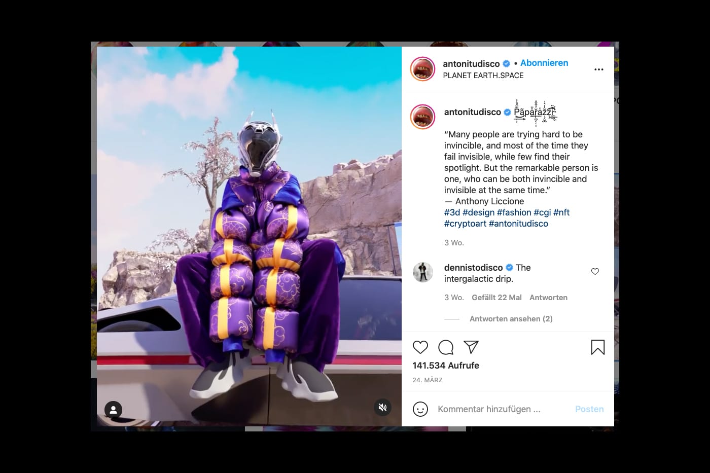 Instagram-Post von @antonitudisco mit 3D-Kunstfigur in violetter Steppjacke auf einem Auto