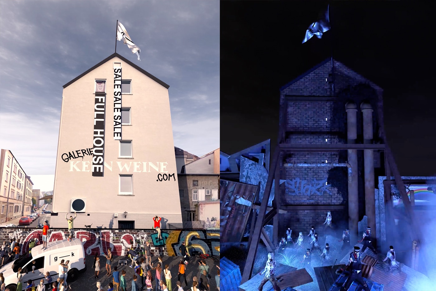 Renderings der Galerie Kernweine bei Tag und Nacht mit Schriftzug „Full House Sale“