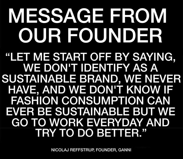 Zitat-Slide „Message from our Founder“ von Ganni-Gründer Nicolaj Reffstrup zur Nachhaltigkeit.