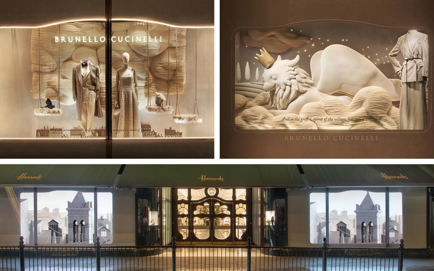 Brunello Cucinelli x Harrods: paper-craft window scenes and the Harrods facade with holiday displays