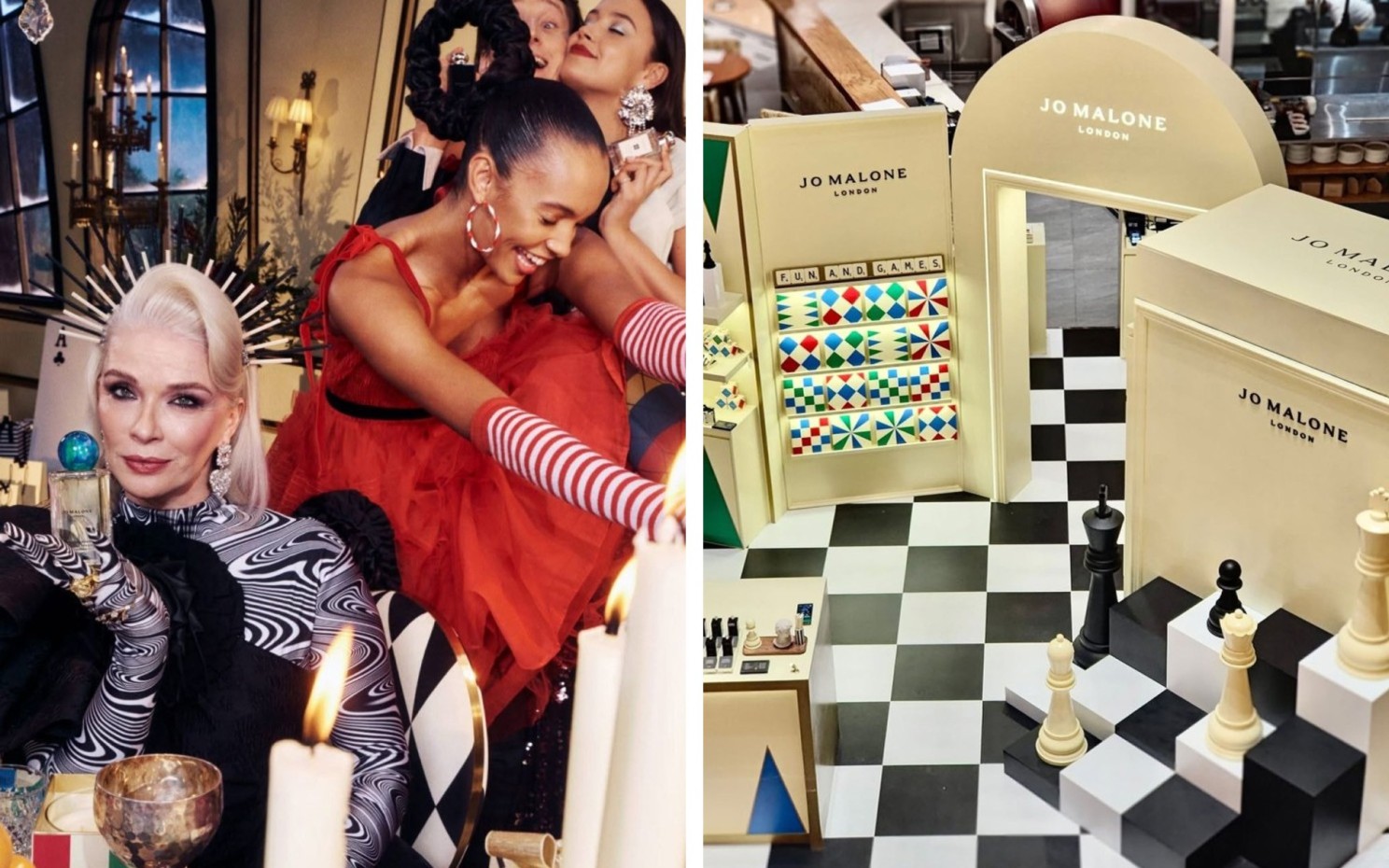 Jo Malone London “Festive Fun & Games”: party scene and pop-up stand with chessboard floor