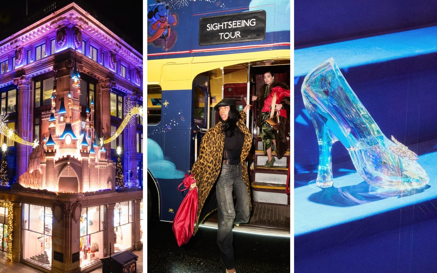 Selfridges x Disney: illuminated castle facade, themed bus and Cinderella glass slipper