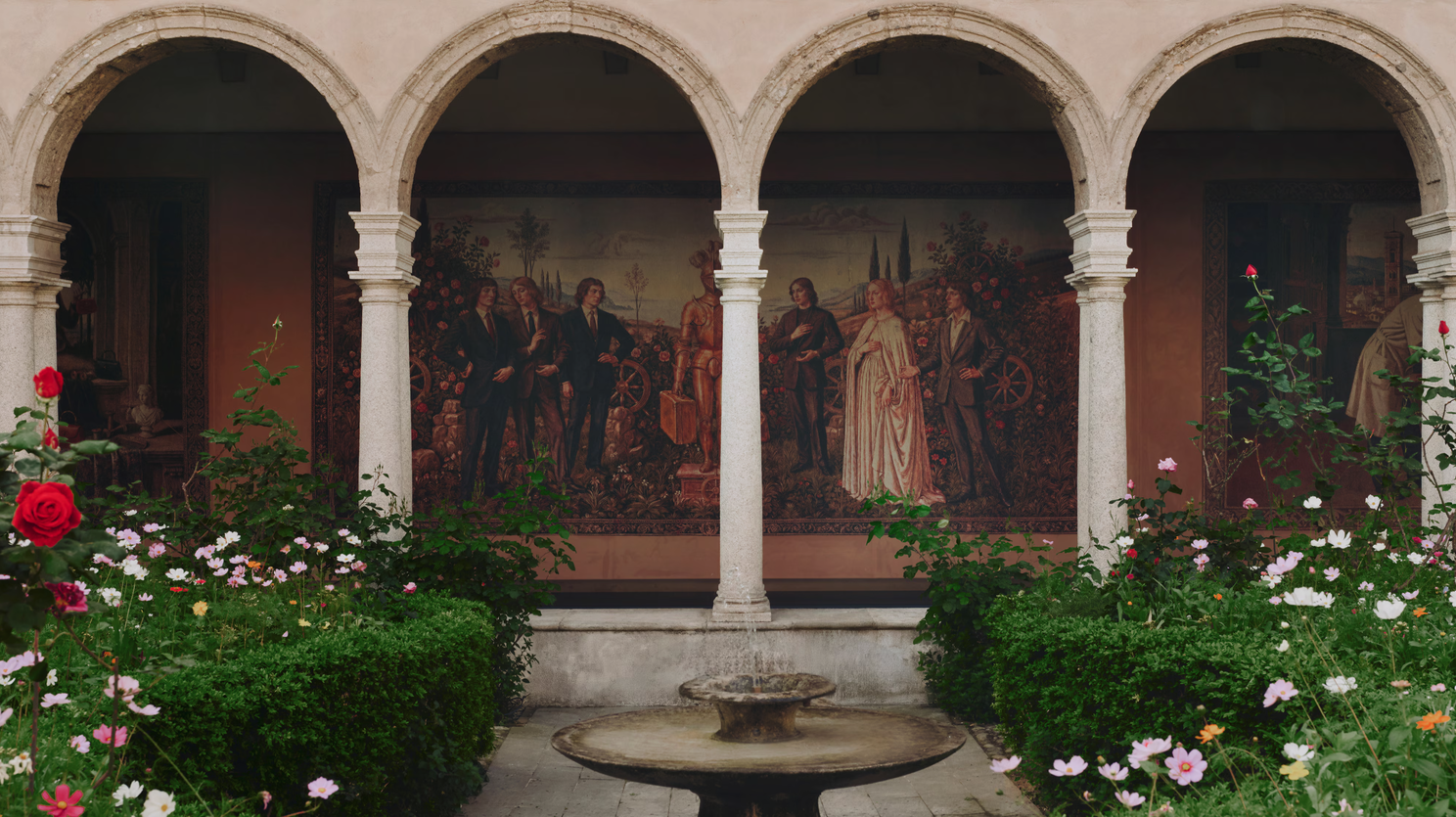 Cloister garden of the Chiostri di San Simpliciano with a fountain and mural, setting of Gucci's “Memoria” installation