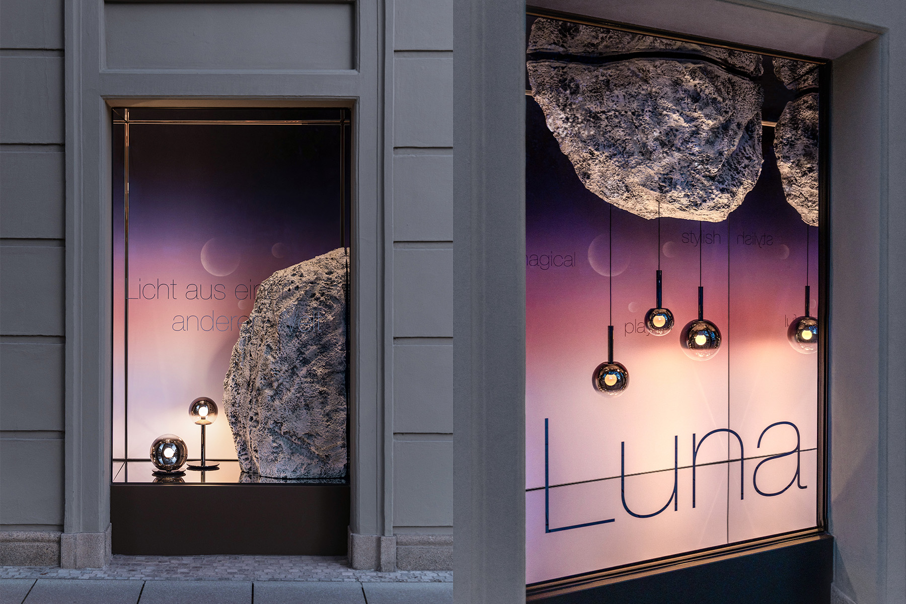 Occhio window display with a floating boulder, globe pendant lamps and a cosmic gradient for the "Luna" installation