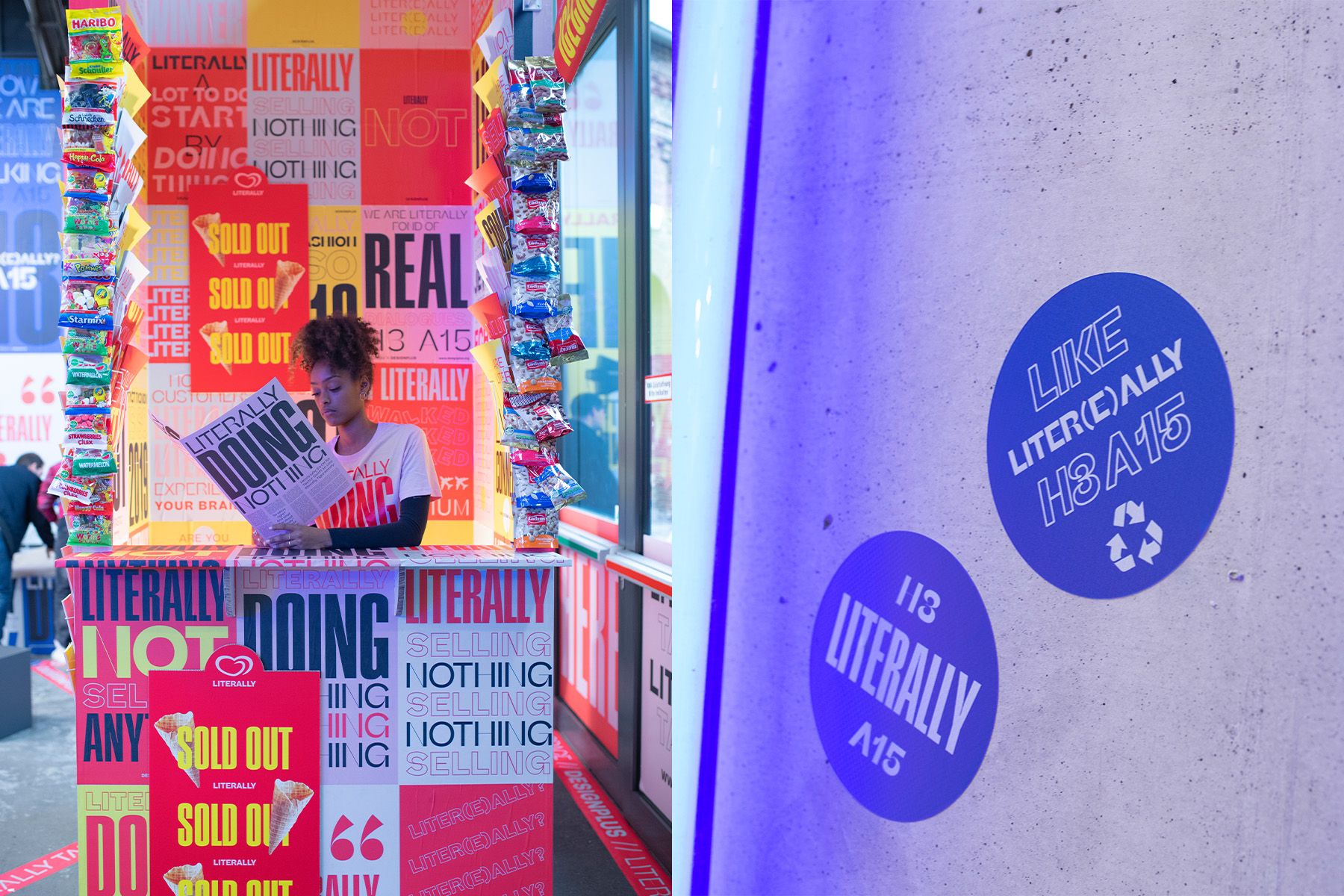 Detail: „Literally“-Kiosk mit Leserin, daneben runde Wandsticker unter UV-Licht.