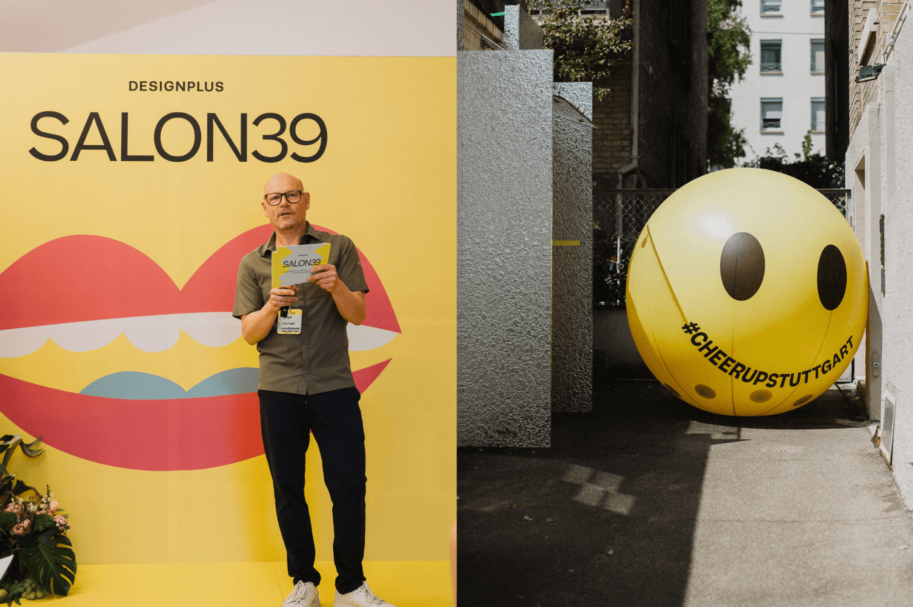 Gast vor dem SALON39-Key-Visual und aufblasbarer Smiley-Ballon mit #CheerUpStuttgart