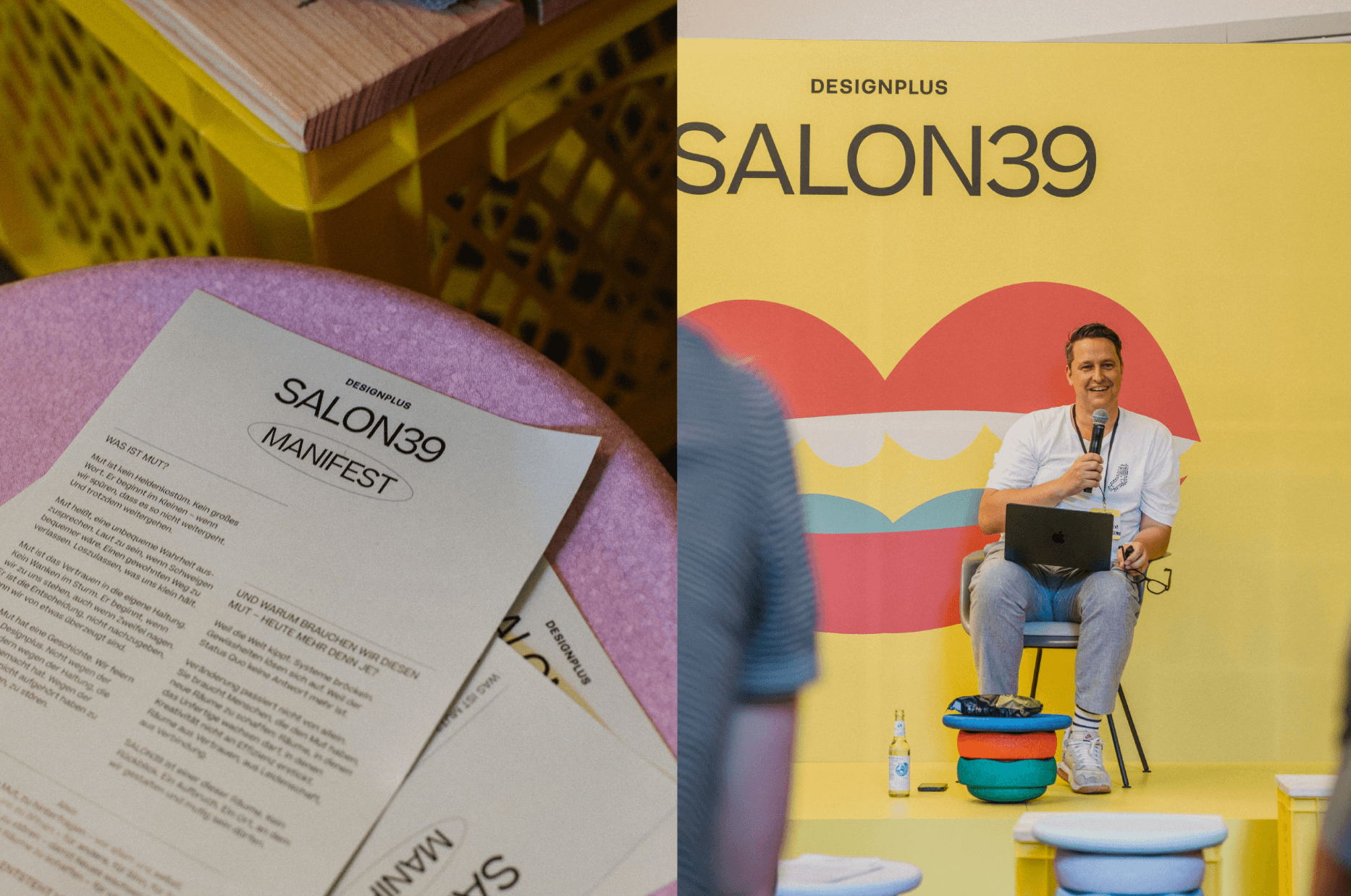 SALON39-Manifest-Flyer und Speaker auf bunten Hockern vor der Bühnenwand