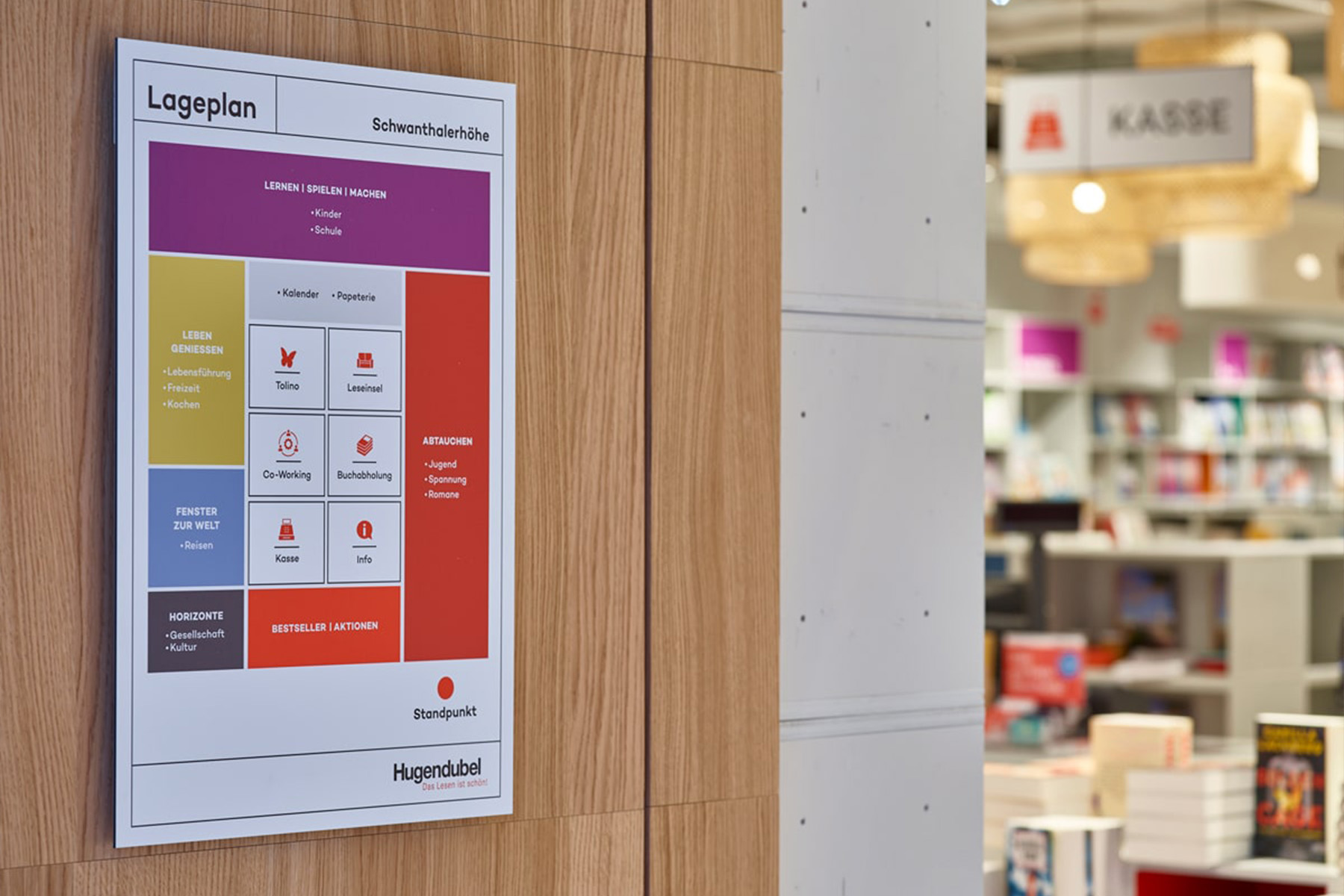 Floor plan sign of the Hugendubel wayfinding system on the wall, with color-coded zones and pictograms.