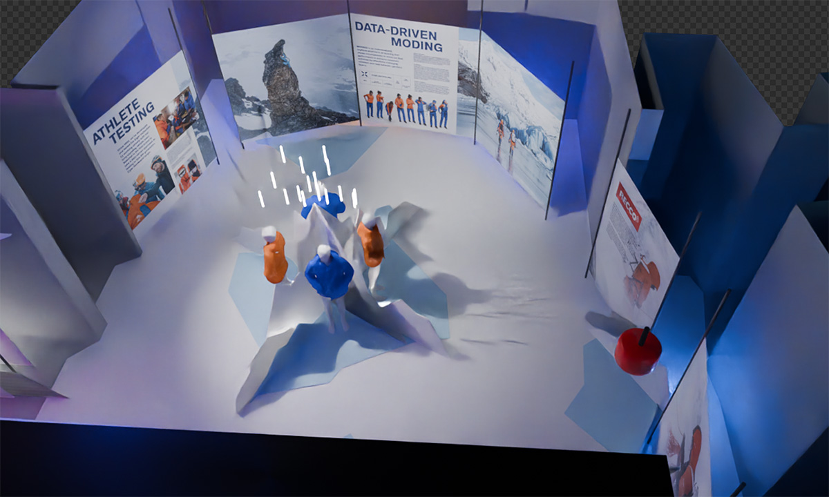 3D-Konzeptvisualisierung der Eisberg-Installation mit Infowänden für das Mammut-Presse-Event