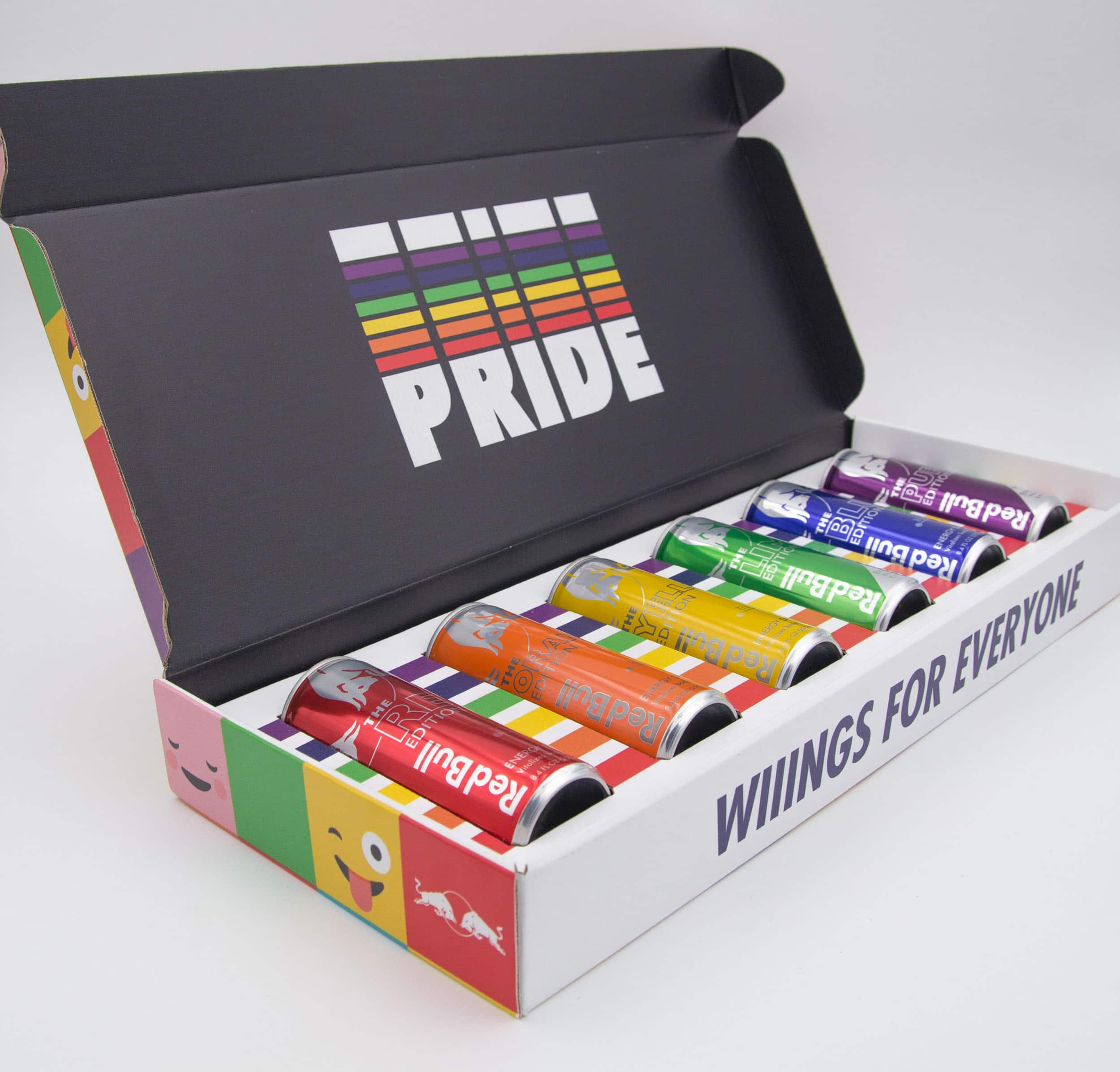 Red-Bull-Pride-Box mit bunten Dosen und Schriftzug „Wiiings for everyone“