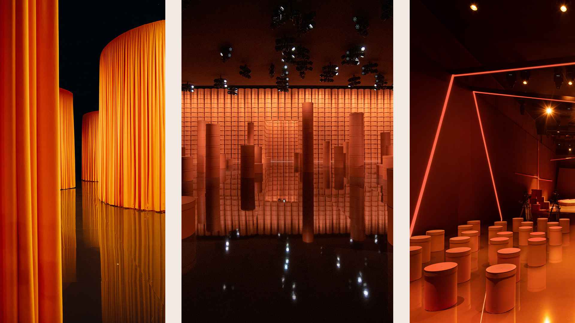 Three-panel collage of Hermès stage sets: draped orange columns, a tiled wall, and a neon-lit lounge