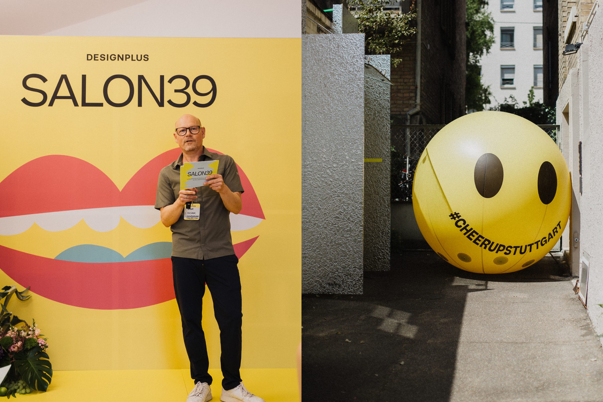 Gast mit SALON39-Flyer vor gelber Bühnenwand, daneben riesiger Smiley-Ballon mit #CheerUpStuttgart