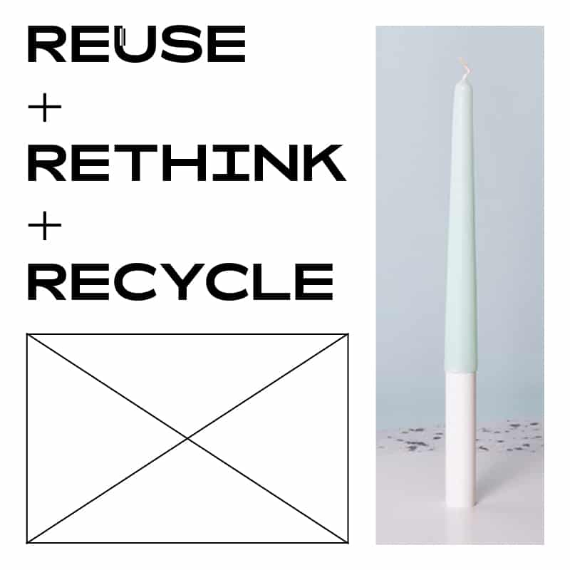 Grafik mit den Begriffen „Reuse + Rethink + Recycle“ neben einer pastellfarbenen Kerze.