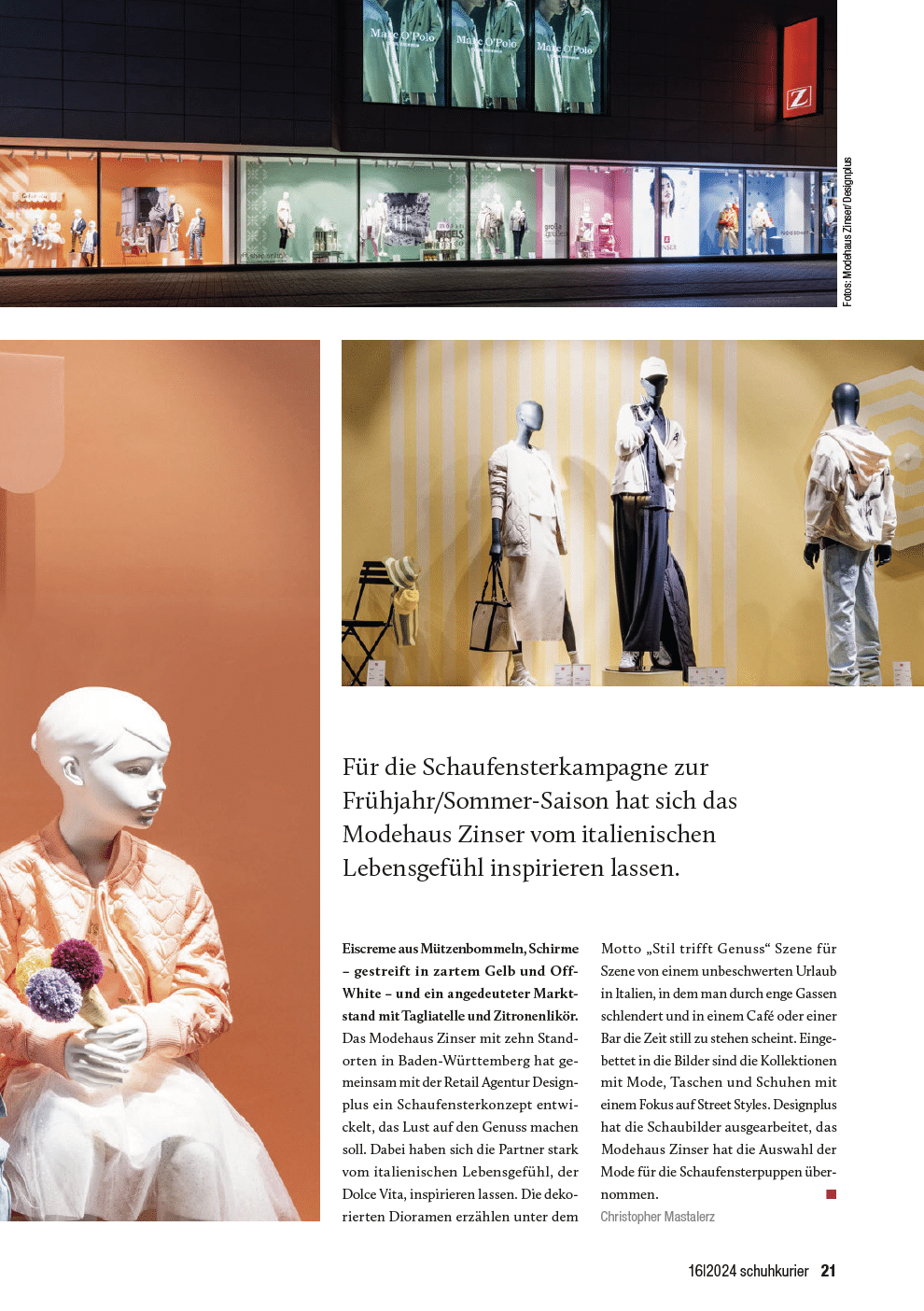 Zeitschriftenseite mit Zinser-Schaufensterreihe bei Nacht und Nahaufnahme des orangefarbenen Gelateria-Fensters