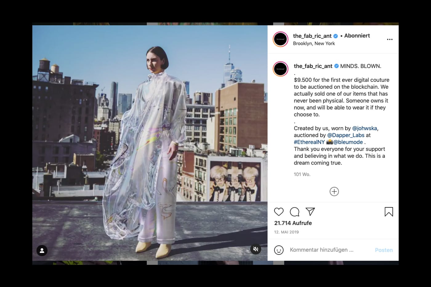Instagram-Post von The Fabricant mit digital gestaltetem Kleid auf einem Dach in New York