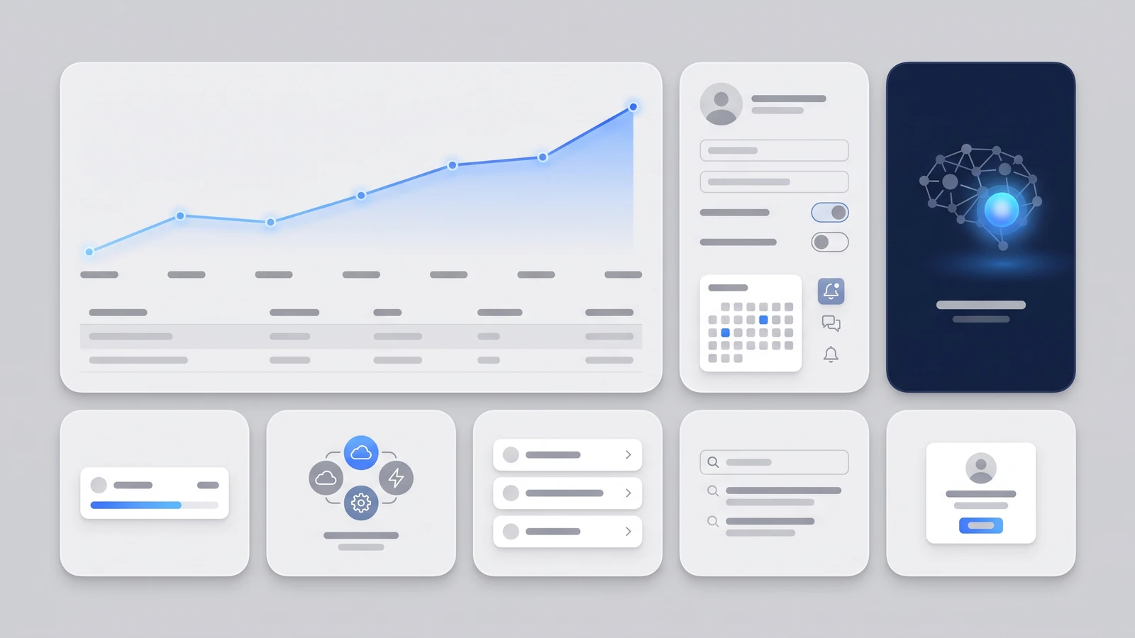 Bento grid design style example: modular rounded tiles of mixed sizes arranged like a lunchbox on a SaaS feature section