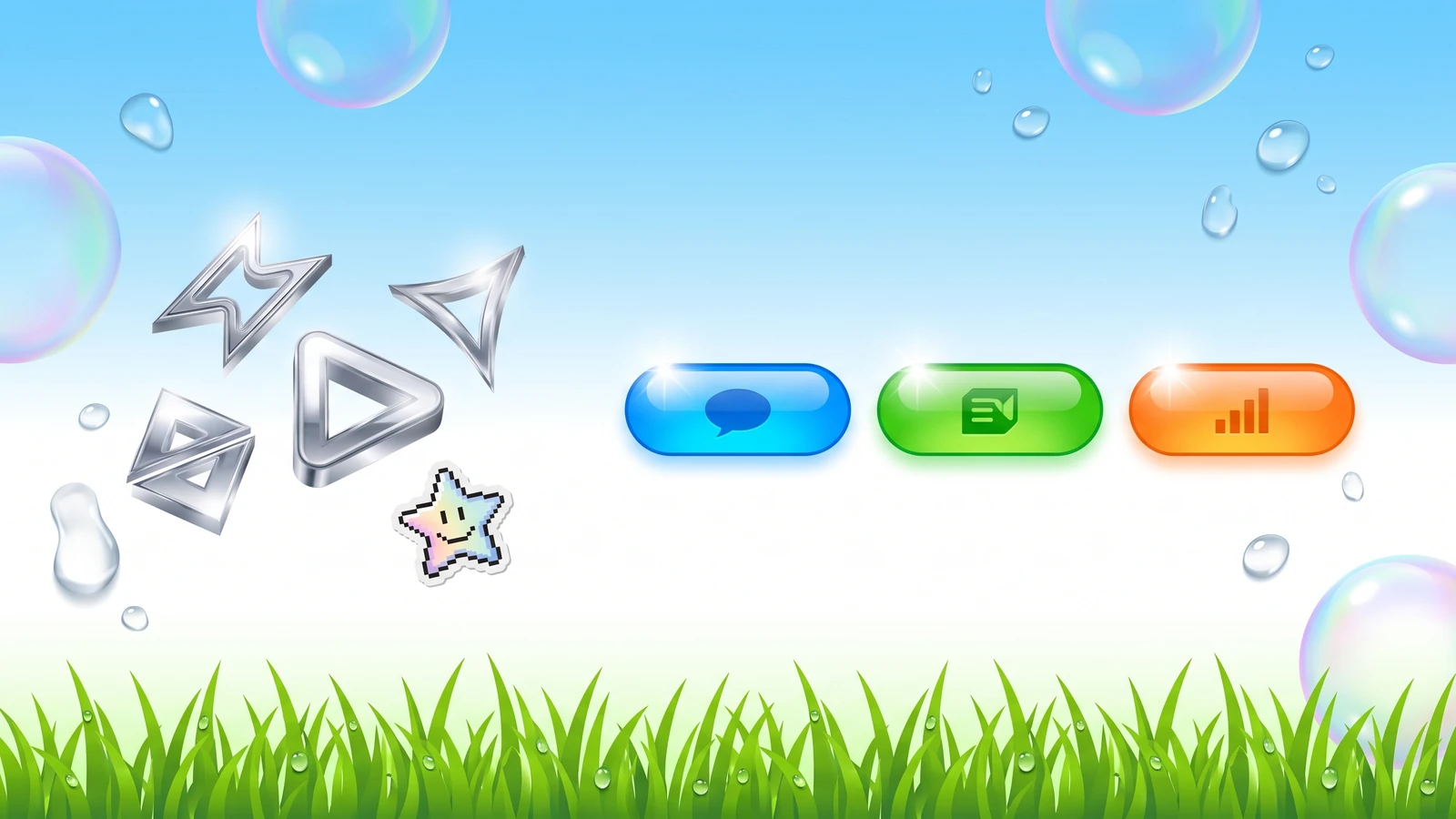 Frutiger Aero Y2K revival art style example: glossy bubbles, sky-blue gradients and shiny pill buttons on a bright hero mockup