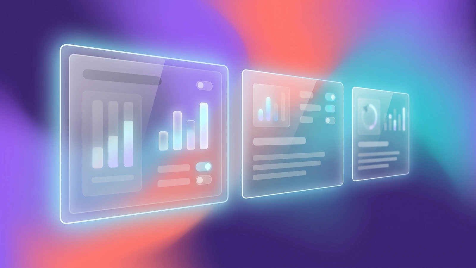 Glassmorphism art style example: frosted translucent cards floating over a colorful blurred background
