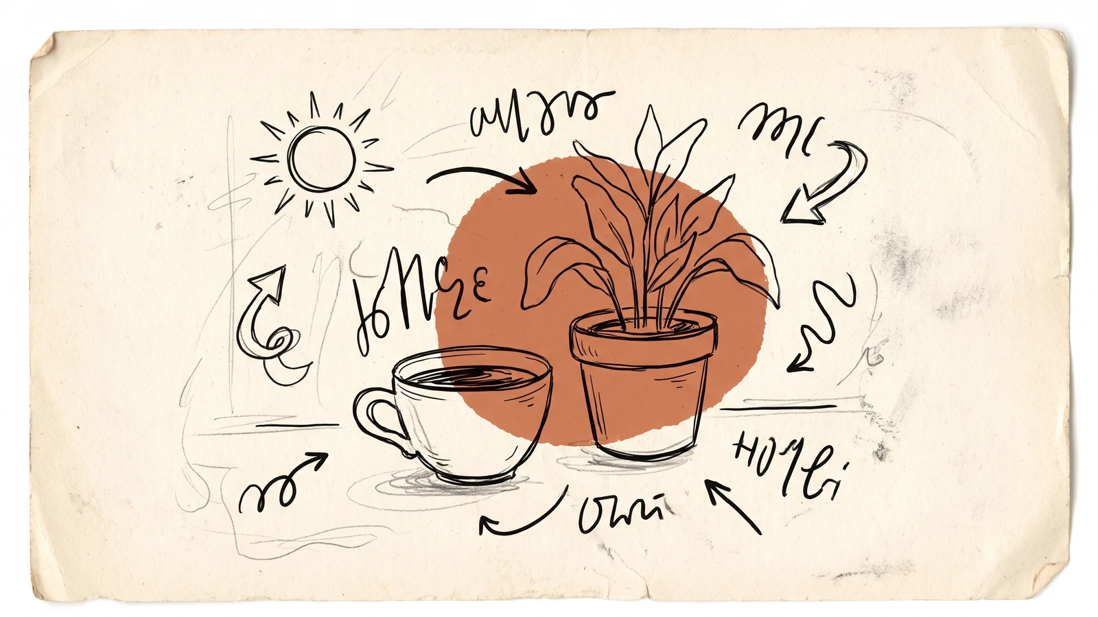 Hand-drawn illustration style example: loose ink sketches with wobbly lines and irregular lettering on a warm brand poster