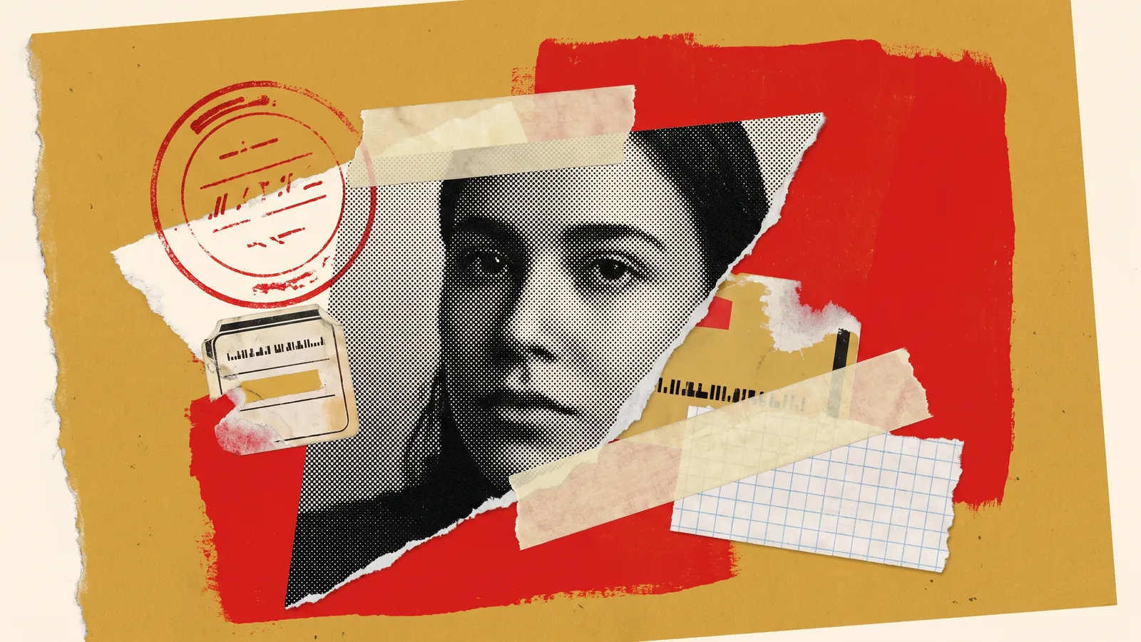 Collage mixed media art style example: torn paper cutouts, halftone photos, stickers and tape layered on an editorial layout