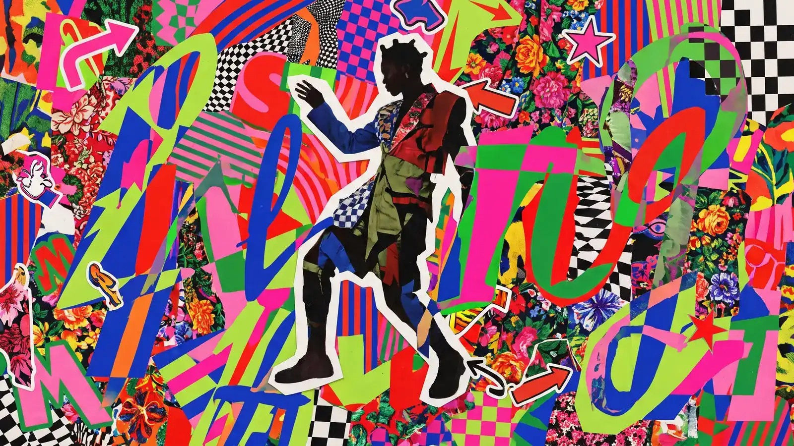 Maximalism art style example: dense layered poster with clashing colors, oversized type and overlapping shapes