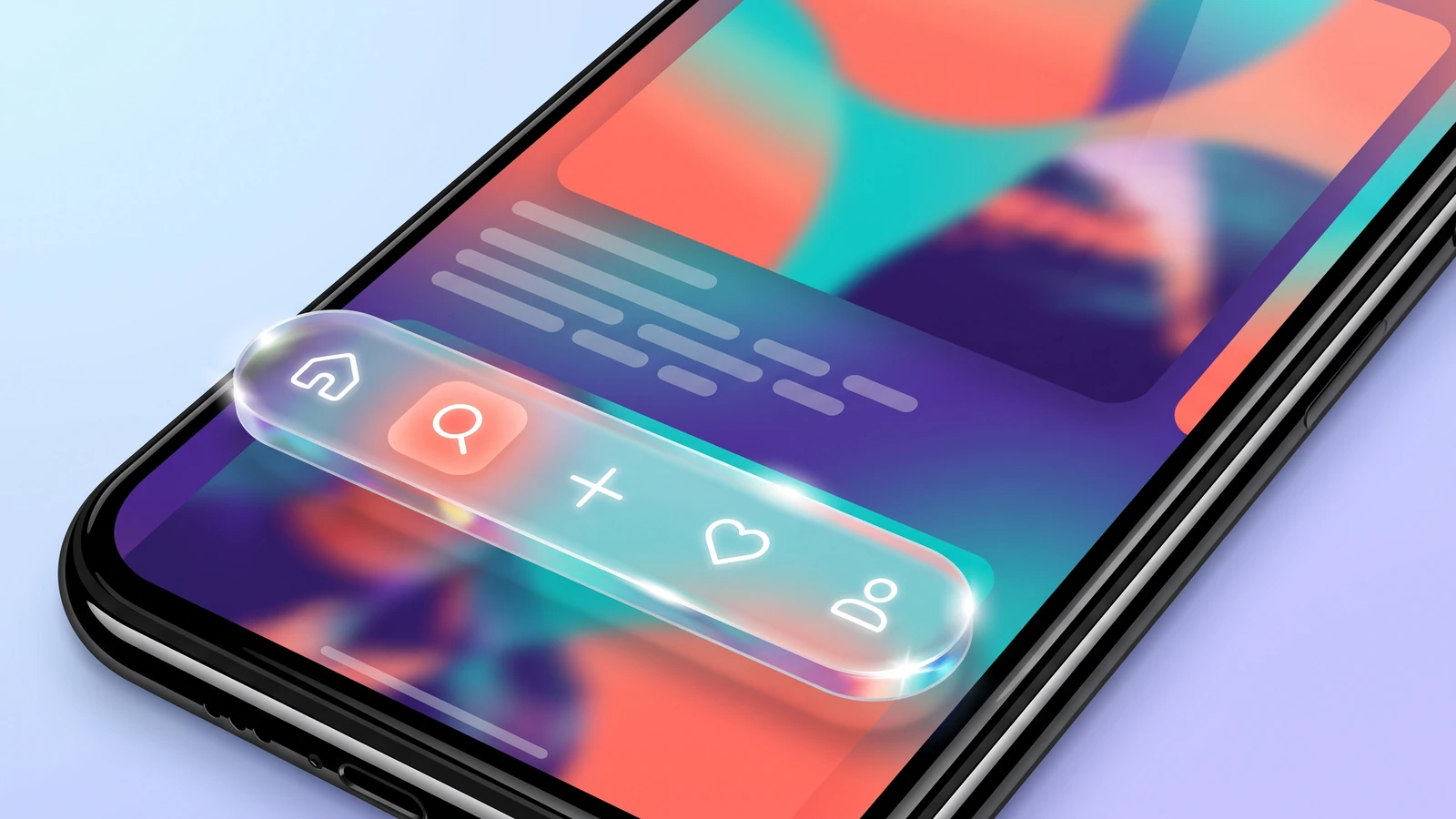 Liquid glass UI design trend example: translucent floating tab bar refracting colorful content scrolling beneath it
