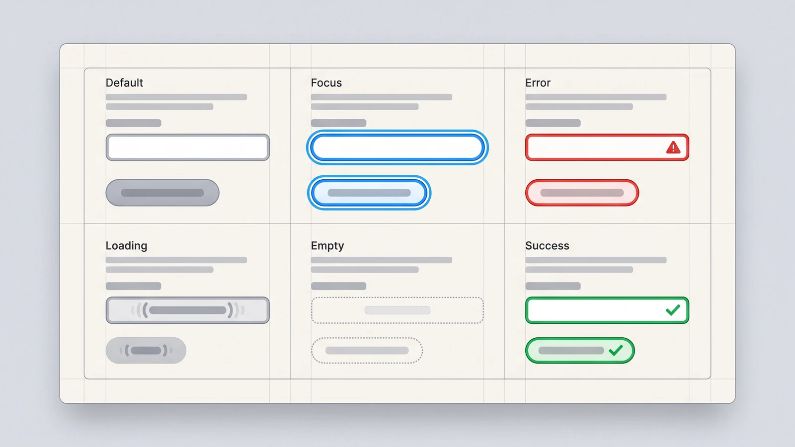 Accessibility-first UI design trend example: button and input shown in focus, error, loading, empty and success states