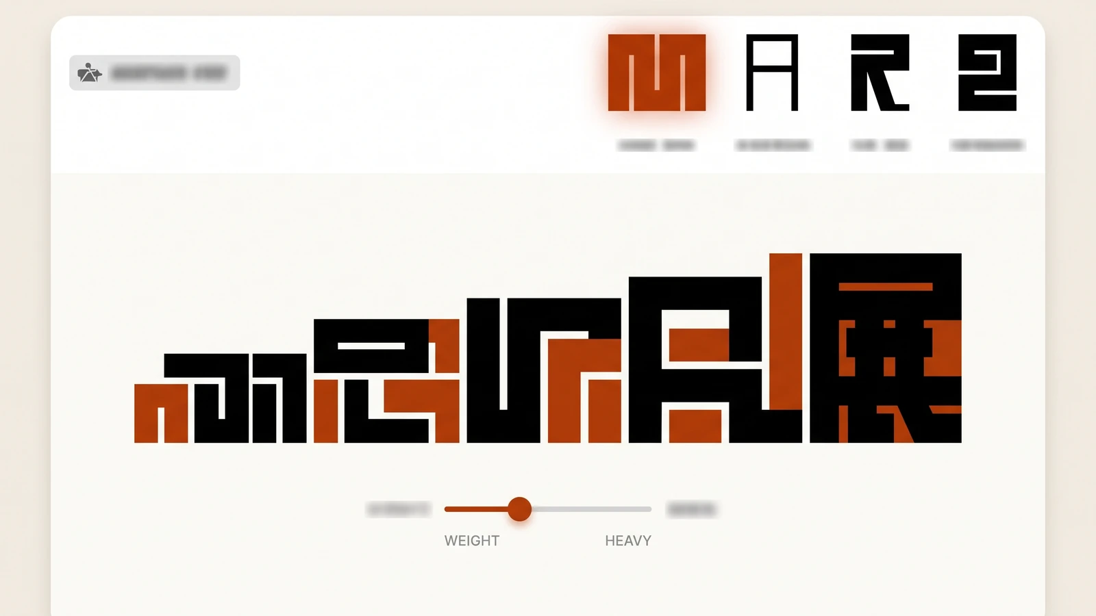 Variable typography UI design trend example: navigation labels thickening on hover with a weight axis slider