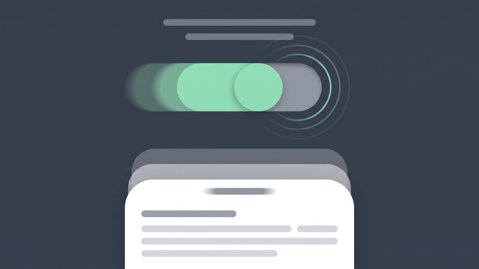 Physics-based motion UI design trend example: toggle switch and bottom sheet mid-spring with motion trails