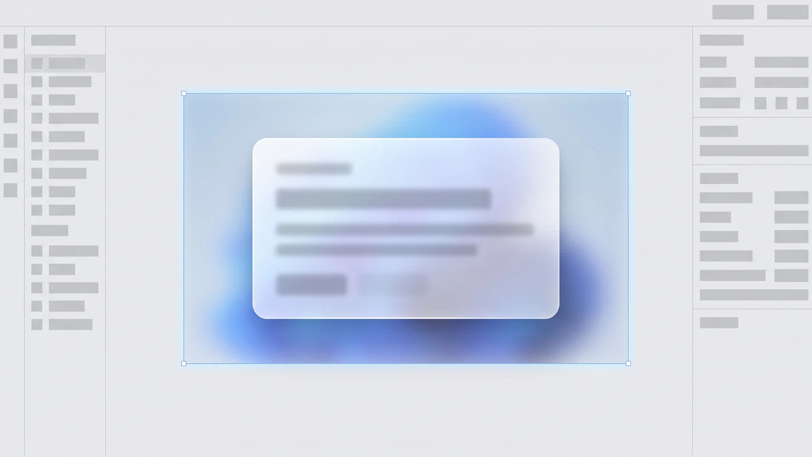 Glassmorphism example built in Webflow: a single clean glass card centred on a designer-style canvas with panel hints