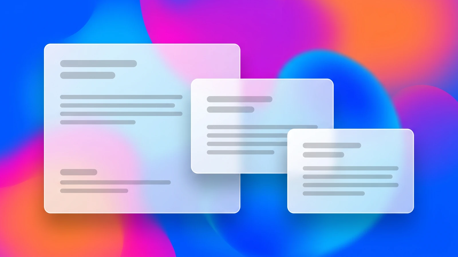 Glassmorphism example: frosted translucent UI cards floating over vivid blurred colour blobs with thin light borders