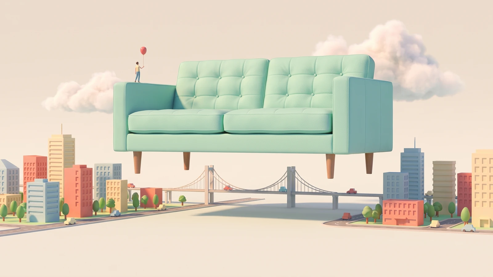 Surreal absurdist graphic design trend example: launch poster with a giant sofa floating over a miniature city skyline