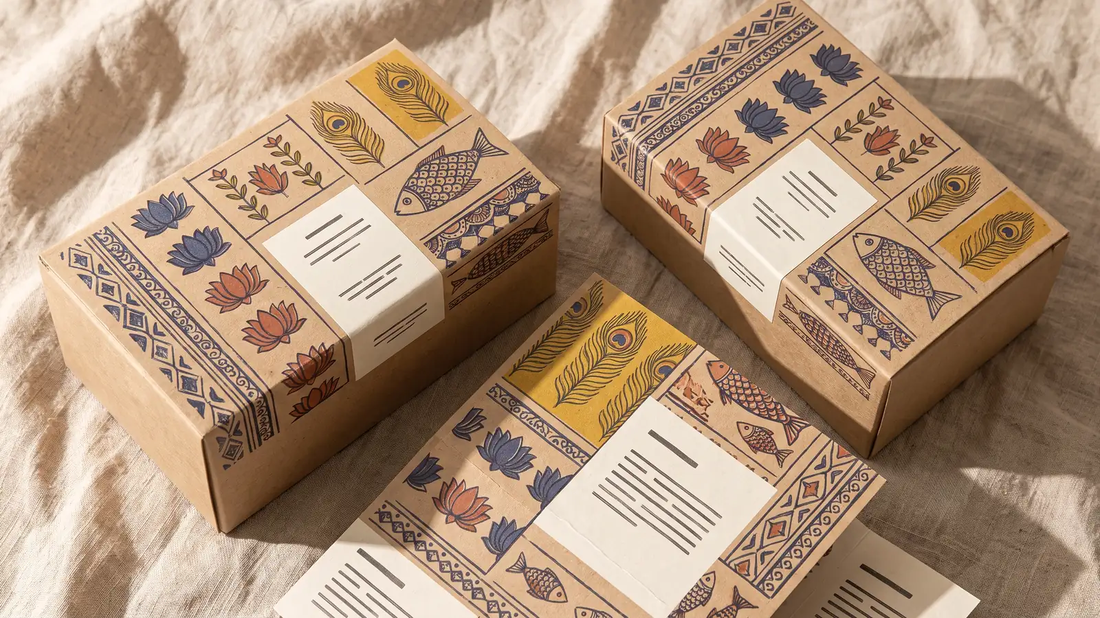 Elemental folk graphic design trend example: tea packaging with hand-drawn Indian block-print florals on a modern grid