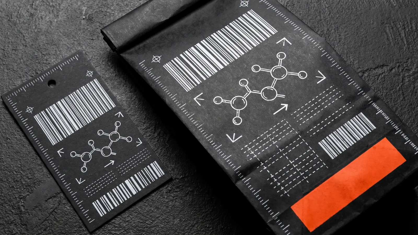 Micrographics graphic design trend example: coffee bag label using barcodes, spec diagrams and blueprint symbols as pattern