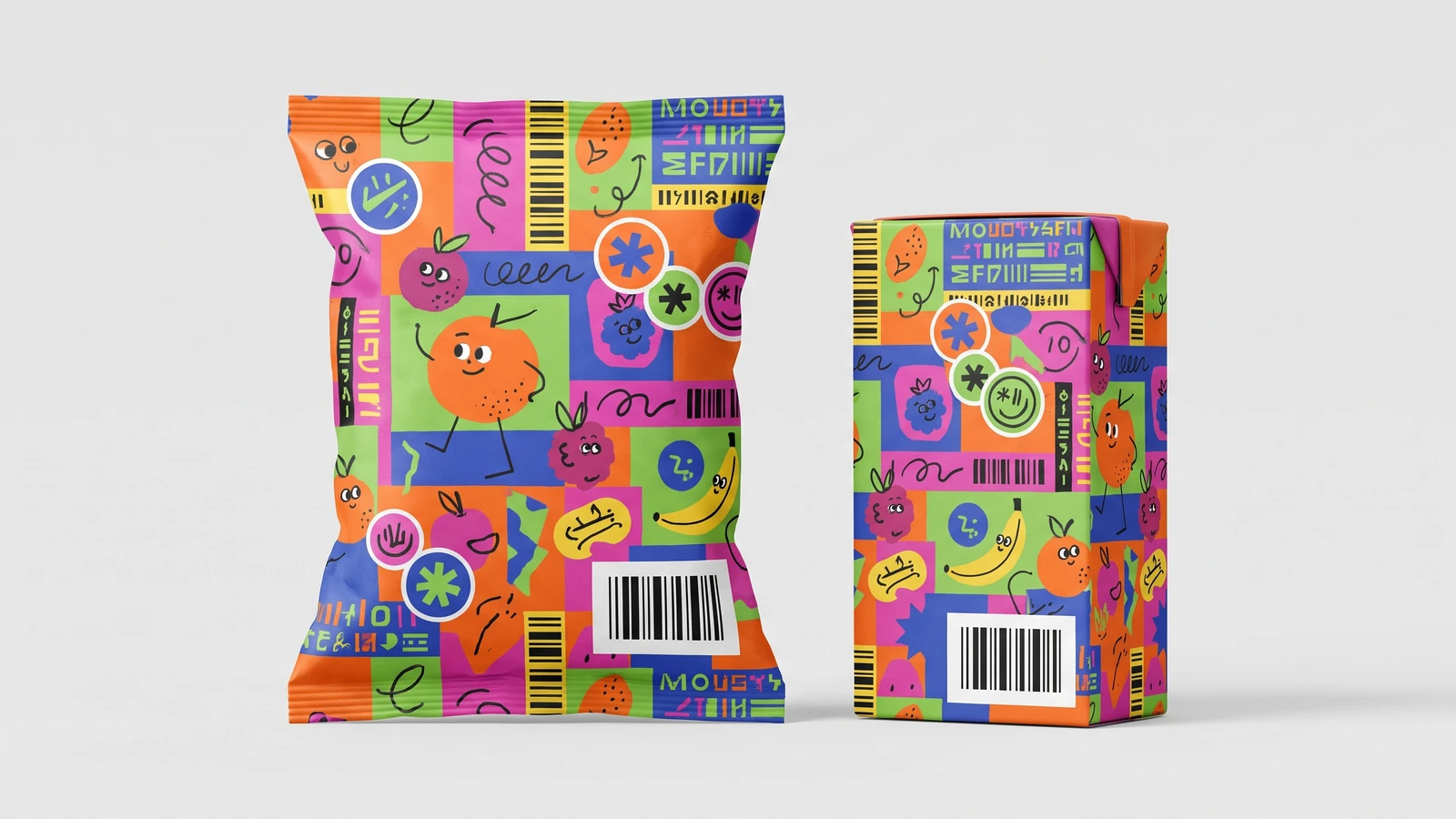 Chaos packaging graphic design trend example: overloaded snack pouch with clashing colours, quirky illustration and dense type