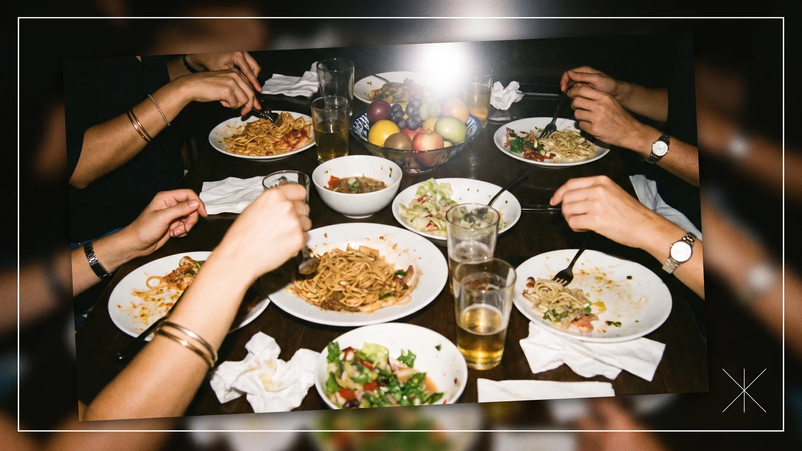 Candid camera-roll graphic design trend example: flash-lit grainy lifestyle photo with minimal type on a brand social post