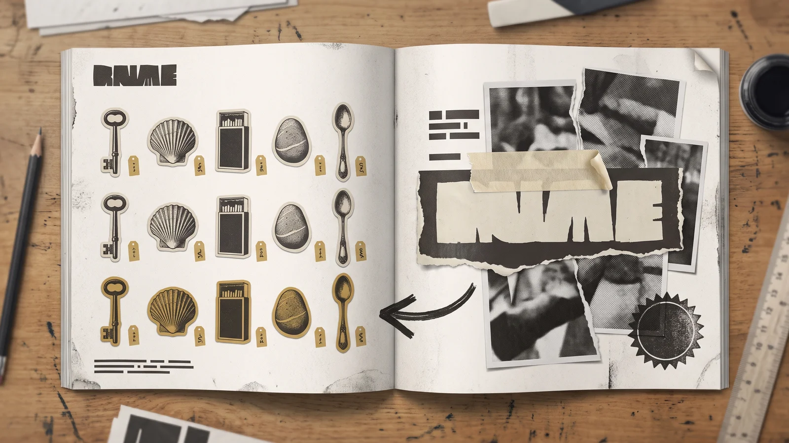Collage visual index graphic design trend example: editorial spread of numbered cut-out objects arranged like museum specimens