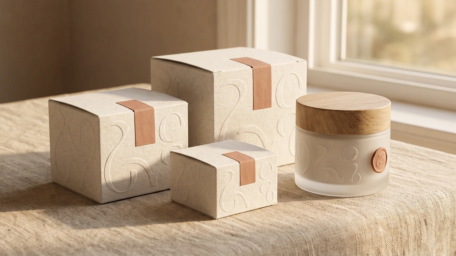 Warm minimalism branding trend example: off-white packaging set with rounded letterforms, one clay accent and tactile paper textures