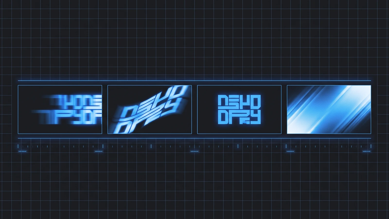 Motion identity branding trend example: a wordmark shown mid-transition across four animation frames on a dark grid