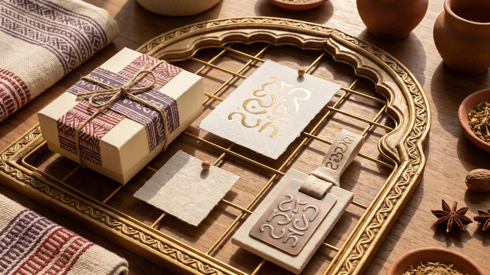 Heritage revival branding trend example: Indian brand identity board with a jharokha-inspired frame, regional script shapes, gold on aubergine