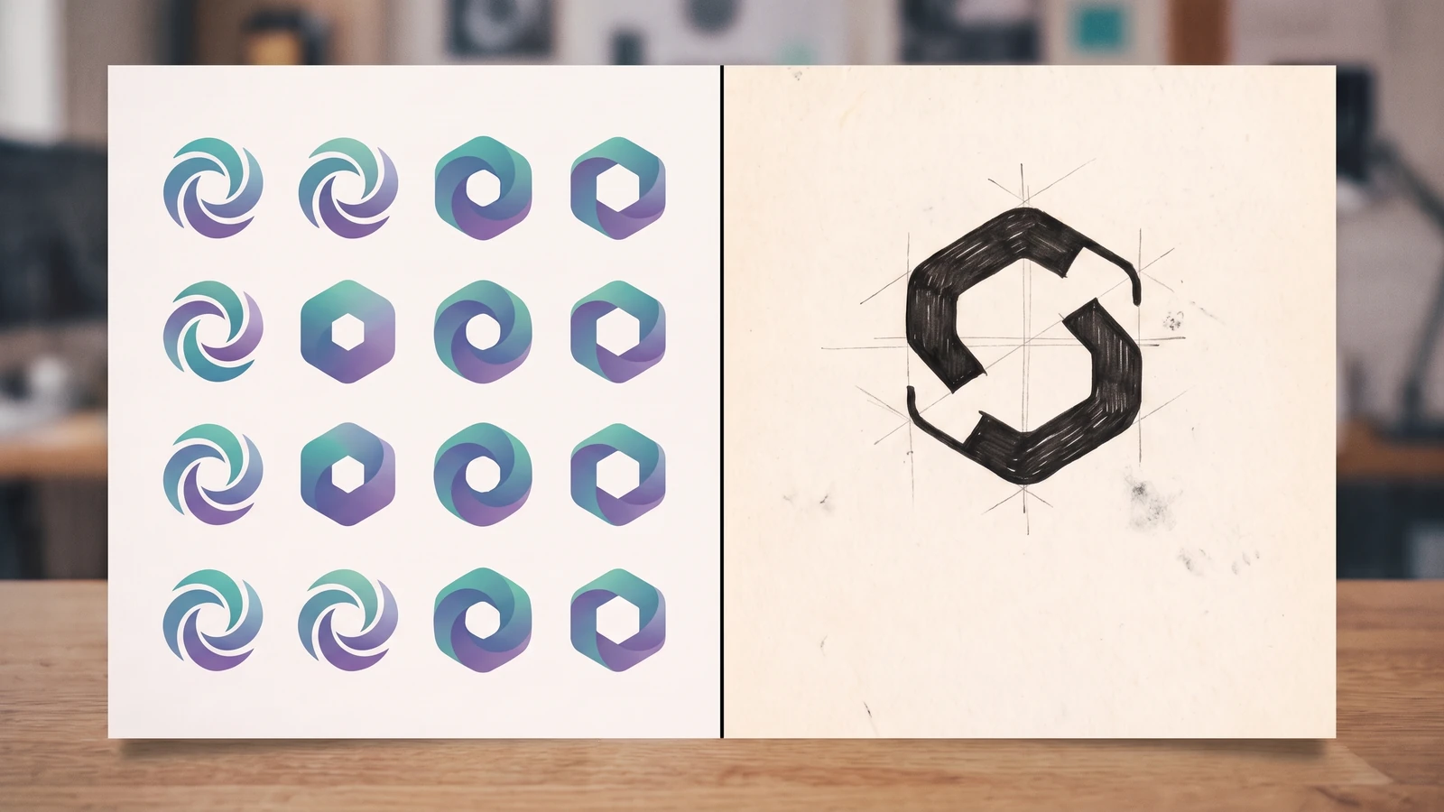 AI-assisted brand generation trend example: a grid of near-identical generated swirl marks beside one hand-refined distinctive mark