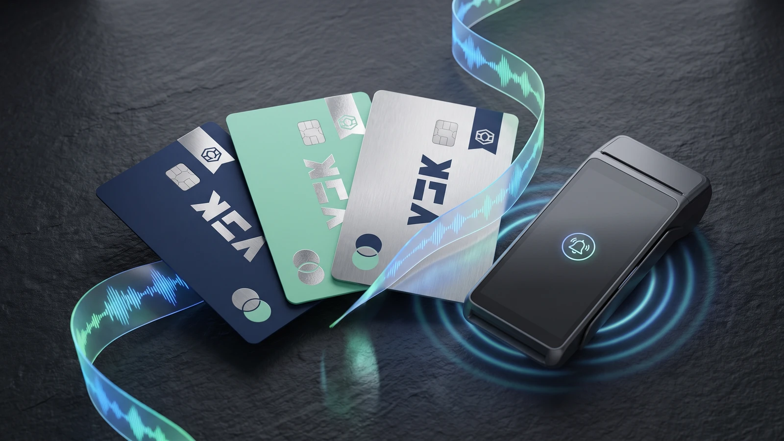 Sonic and micro-branding trend example: sound waves, a payment chime icon and haptic pulse marks on a fintech card set