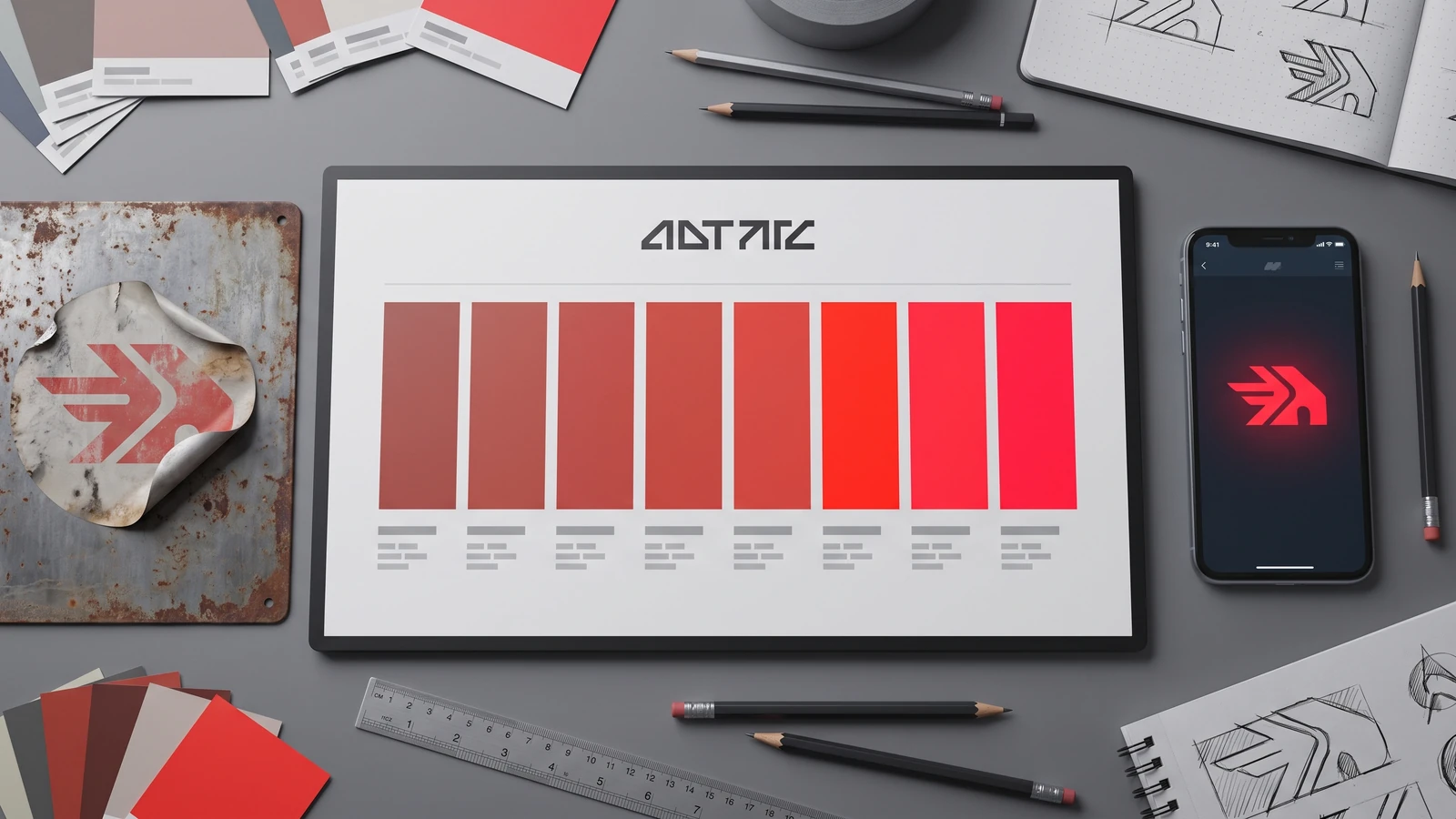 Brand colour drift trend example: one brand hue shown stepping through saturation and lightness swatches from legacy print to screen