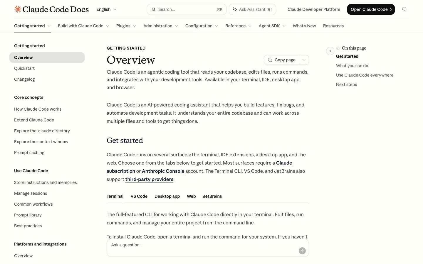 Claude Code documentation overview page showing the terminal, IDE, desktop and web surfaces